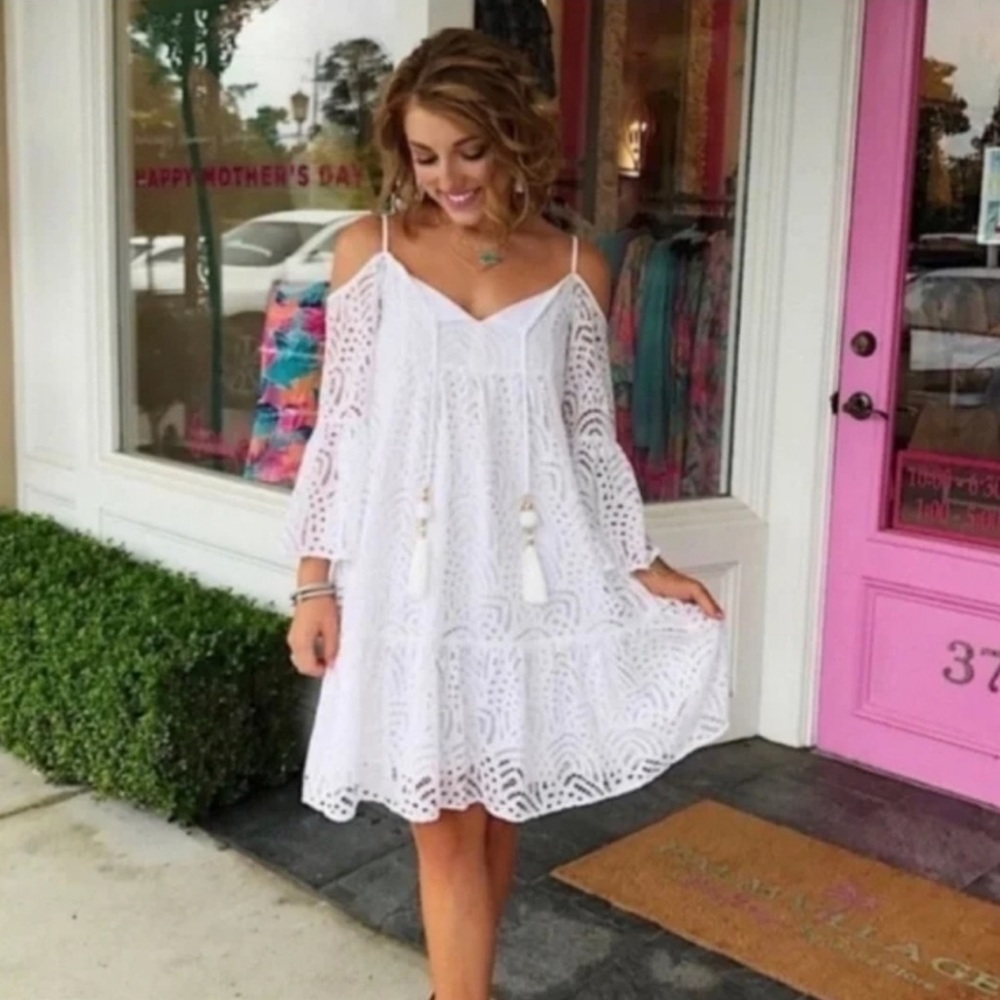LILY PULITZER ALANNA Off the Shoulder Lace Flowy
Boho Dress White Size L VEUC